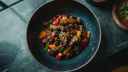A vibrant stir-fried dish featuring succulent chicken and mixed vegetables, garnished with sesame seeds, ideal for food enthusiasts and culinary presentations.の素材