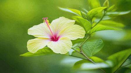 A stunning yellow hibiscus flower stands out against a soft green background, capturing the essence of nature's beauty and adding a vibrant touch to any design.の素材
