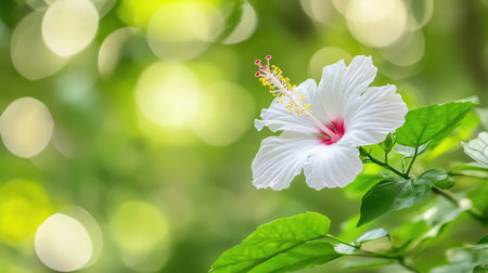 A stunning close-up of a white hibiscus flower showcasing its delicate petals and vibrant colors set against a soft, green background. Perfect for nature-themed projects.の素材