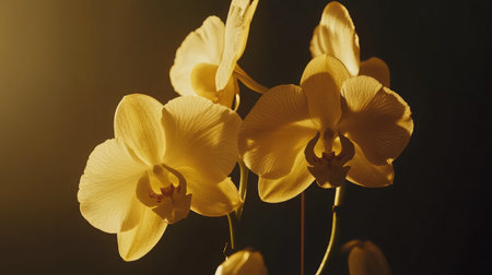 Captivating yellow orchid blooms radiate elegance and beauty, illuminated by soft light. Perfect for nature-themed decor or artistic photography.の素材