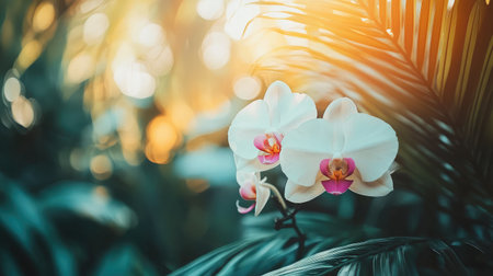 A beautiful orchid stands out against lush green foliage, capturing the essence of tranquility. Soft natural light enhances the vibrant colors, creating a serene atmosphere perfect for nature lovers.の素材