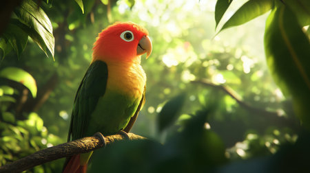 A vibrant parrot perched gracefully on a branch in a lush jungle. The sunlight filters through the foliage, highlighting the bird's colorful feathers.の素材