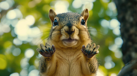 A curious squirrel with outstretched paws sits against a vibrant natural background. This close-up captures the playful expression and detail of this charming wildlife moment.の素材