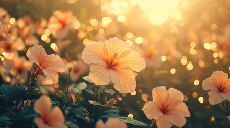 Soft pink hibiscus flowers create a stunning scene, illuminated by warm sunset light. The bokeh effect enhances the serene atmosphere of nature's beauty.の素材