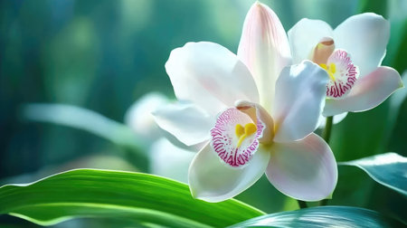 This stunning image features elegant white orchid blooms surrounded by lush green leaves. The soft colors and serene setting evoke a sense of tranquility and beauty.の素材