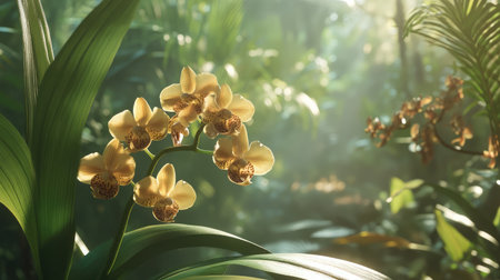 A serene scene featuring golden orchids amidst vibrant tropical foliage, illuminated by soft sunlight. A perfect representation of nature's beauty.の素材
