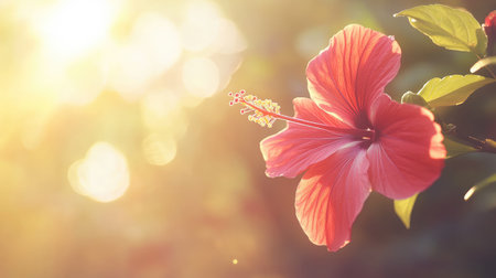 A stunning close-up of a vibrant hibiscus flower illuminated by warm sunset light. This enchanting scene evokes tranquility and natural beauty in a serene outdoor setting.の素材