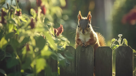 A charming squirrel sits on a wooden fence, surrounded by blooming flowers, capturing a tranquil moment in a warm, sunlit garden. Perfect for nature lovers!の素材