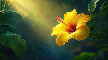 A stunning yellow hibiscus flower captures attention amidst lush greenery, illuminated by soft sunlight, showcasing its vibrant beauty and serene atmosphere.の素材