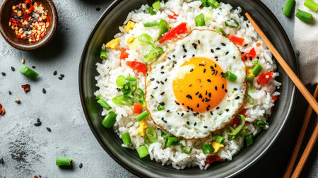 A vibrant rice bowl featuring a perfectly fried egg, fresh vegetables, and garnished with herbs and spices, ideal for meal inspiration or food photography.の素材