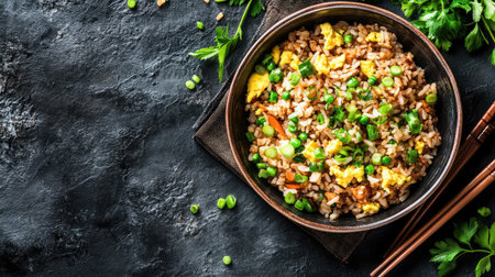 Enjoy a vibrant bowl of fried rice topped with fresh green onions and colorful vegetables, perfect for any meal or snack. Ideal for food lovers.の素材