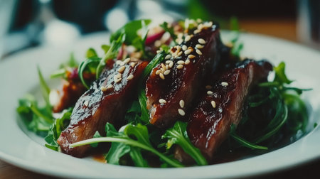 A visually appealing plate of grilled meat slices served on a bed of fresh greens, garnished with sesame seeds. Perfect for showcasing healthy and gourmet meal ideas.の素材