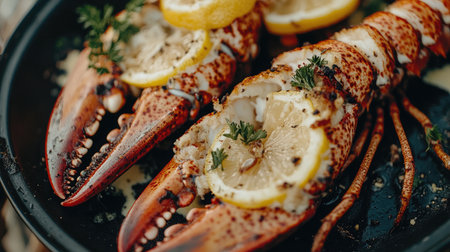 A stunning close-up of grilled lobster garnished with fresh lemon and herbs, served on a black plate. Perfect for showcasing gourmet cuisine.の素材