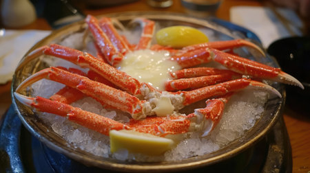 A stunning presentation of fresh crab served on ice, accompanied by vibrant lemon slices. Perfect for seafood lovers and culinary enthusiasts alike.の素材