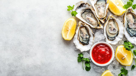 Enjoy a vibrant arrangement of fresh oysters served on ice, paired with lemon wedges and a tangy sauce, perfect for culinary enthusiasts and seafood lovers.の素材