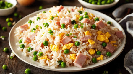A vibrant plate of ham and pea fried rice, featuring fluffy rice, diced ham, fresh peas, and scrambled egg for a delightful meal. Perfect for lunch or dinner!の素材