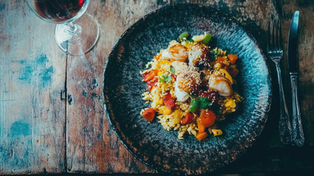 A vibrant seafood rice dish featuring tender scallops, fresh vegetables, and a touch of sesame, served on a rustic plate, ideal for gourmet dining.の素材