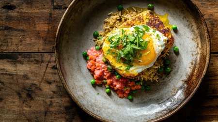A vibrant breakfast bowl featuring rice topped with a perfectly cooked egg, fresh herbs, and a colorful salsa. Ideal for quick meals.の素材