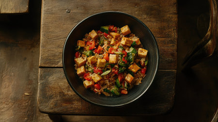 A vibrant bowl of vegetable and tofu dish, perfect for a healthy meal. The rustic setting enhances the colorful ingredients, showcasing fresh and nutritious flavors.の素材