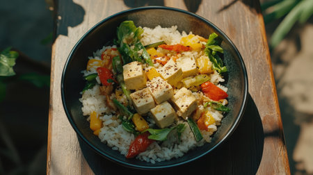 A vibrant bowl featuring delicious tofu and colorful vegetables atop fluffy rice, perfect for a healthy meal option, fresh and appetizing.の素材