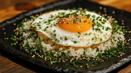 A mouthwatering fried egg sits atop fluffy rice, garnished with fresh chives and sesame, creating a delightful and satisfying meal. Enjoy this simple dish!の素材