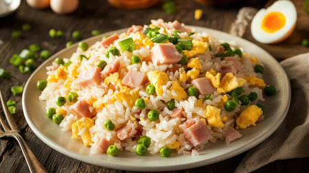 A vibrant plate of fried rice filled with peas, ham, and scrambled eggs, perfect for a hearty meal. Ideal for lunch or dinner, this dish is both satisfying and nutritious.の素材