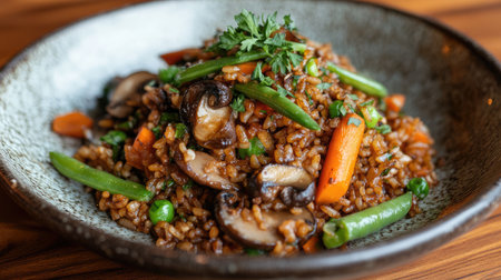 A vibrant plate of vegetable fried rice showcasing green beans, mushrooms, and colorful peppers, garnished with herbs, perfect for a healthy meal.の素材