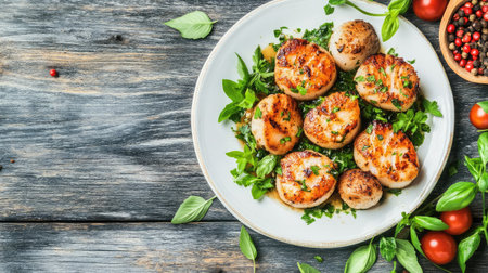 A stunning plate of grilled scallops served on a bed of fresh greens, garnished with herbs and cherry tomatoes. Perfect for gourmet dining.の素材