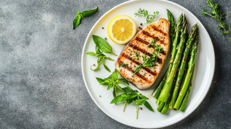 A beautifully arranged plate featuring grilled fish, fresh asparagus, and a slice of lemon. Perfect for healthy eating or gourmet dining experiences.の素材