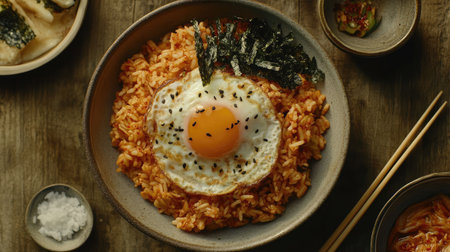 A vibrant bowl of fried rice topped with a perfectly cooked egg, seaweed, and sesame seeds, set on a rustic wooden table. Perfect for any meal.の素材