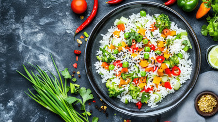 A vibrant rice bowl featuring fresh vegetables, colorful herbs, and aromatic spices, perfect for a healthy meal or culinary presentation.の素材