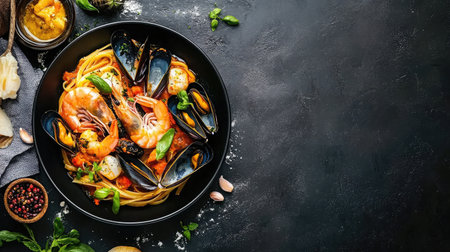 A vibrant seafood pasta dish featuring shrimp and mussels, garnished with fresh basil. Perfect for culinary enthusiasts and food lovers. Ideal for recipes and dining inspiration.の素材