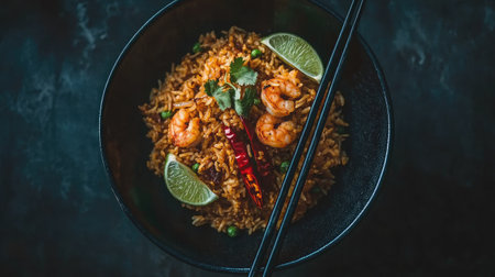 A stunning bowl of shrimp fried rice featuring fresh ingredients, vibrant colors, and garnishes of lime and chili. Perfect for any meal.の素材