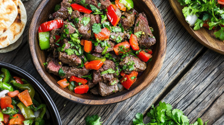 A vibrant and delicious beef stir-fry featuring fresh peppers and cilantro, served in a wooden bowl. Perfect for healthy meal preparations and delightful dining experiences.の素材