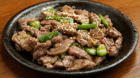 A vibrant dish featuring tender beef slices stir-fried with green peppers and topped with sesame seeds, perfect for a flavorful meal or dinner.の素材
