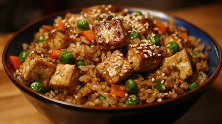 A delicious tofu stir-fry featuring vibrant vegetables and fragrant rice. Perfect for a healthy meal, this dish highlights fresh ingredients and flavor.の素材