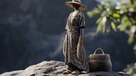 A stylish dress displayed on a mannequin in a serene outdoor setting. The outfit is complemented by accessories and a woven basket, showcasing elegance and fashion.の素材