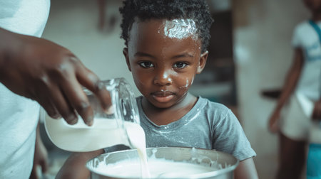A joyful child captures the essence of childhood while pouring milk into a bowl in a warm kitchen. This scene reflects family bonding and playful learning.の素材