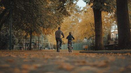 A heartwarming scene of a parent and child biking together through a serene autumn park, surrounded by colorful foliage and a peaceful pathway.の素材
