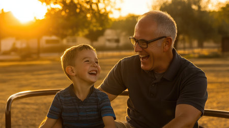 A heartwarming scene of a grandfather and grandson sharing joyful laughter during a sunset outing, capturing the essence of love and family connection.の素材