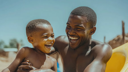 A joyous moment between a child and parent at a water park, capturing laughter and fun in the sun. Ideal for themes of family, happiness, and summer activities.の素材