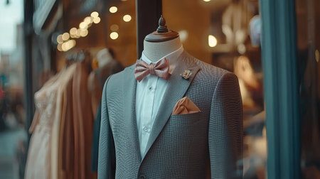 A stylish gray suit elegantly displayed on a mannequin in a boutique setting. This sophisticated attire features a bowtie and accessories, showcasing fashion craftsmanship.の素材