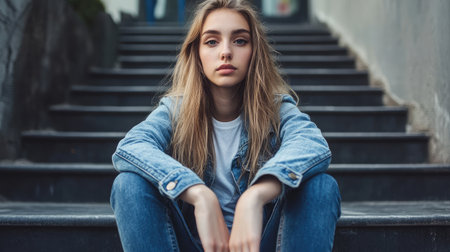 A young woman sits on steps, dressed in denim and a white shirt, capturing a moment of serenity in an urban setting. Her thoughtful gaze evokes calm.の素材