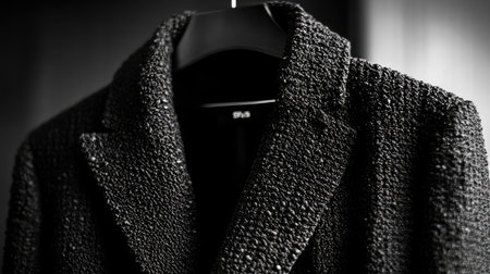 This image features a stylish black blazer with a unique textured fabric, elegantly displayed on a hanger, perfect for showcasing modern fashion design.の素材