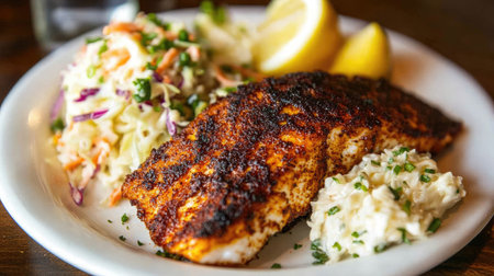A vibrant plate featuring grilled fish seasoned to perfection, served with coleslaw and creamy dip, garnished with fresh lemon wedges for a delightful meal.の素材