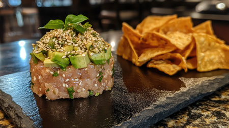 A delectable fresh tuna tartare topped with avocado and sesame, served alongside crispy tortilla chips, perfect for a gourmet dining experience.の素材