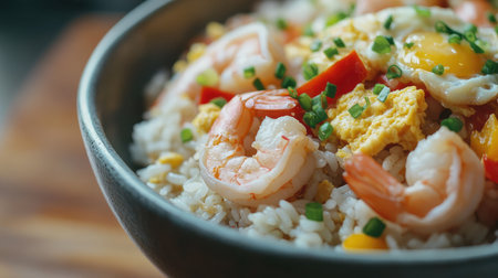 A vibrant bowl of shrimp and egg fried rice, garnished with fresh vegetables and herbs, showcases a colorful and appetizing meal ideal for any occasion.の素材