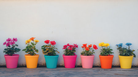 A striking display of colorful potted flowers lined against a white wall. Perfect for themes of gardening, decoration, and vibrant nature settings.の素材