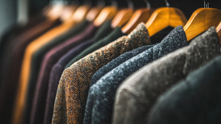 A captivating array of stylish jackets featured on wooden hangers. This image highlights the textures and colors of high-quality clothing in a retail setting.の素材