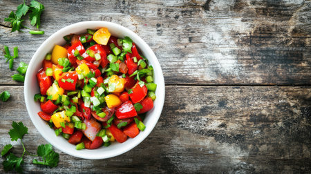 A vibrant bowl of fresh vegetable salsa showcasing bright red tomatoes, yellow peppers, and green onions, perfect for a healthy snack or meal.の素材